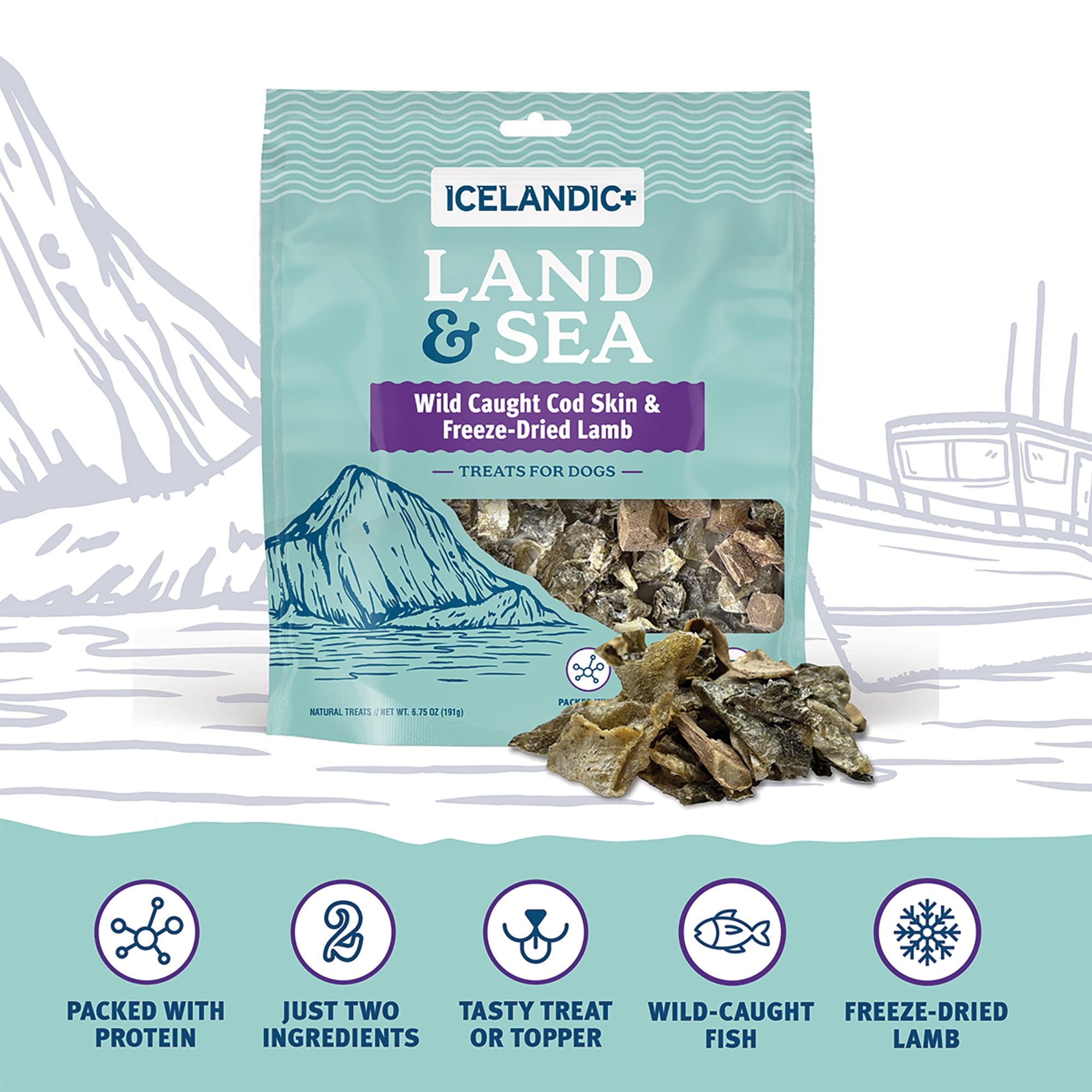 Icelandic+ Land & Sea Wild Caught Cod Skin & Freeze-Dried Lamb - 6.75oz Bag, Dog Treat & Food Topper, 2 Ingredients, No Preservatives, All Natural