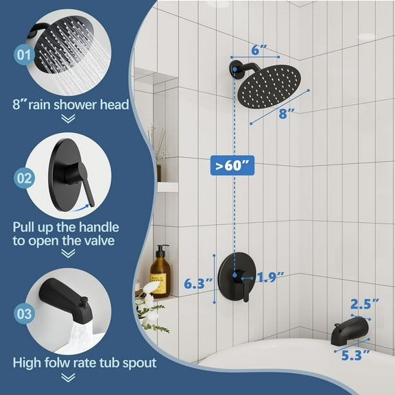 Tub Shower Faucet, Matte Black Shower Faucet Set with 8-Inch All-Metal Rainfall Showerhead and Bathtub Spout, Single-Handle Tub Shower-Trim Kit Included Valve, Matte Black