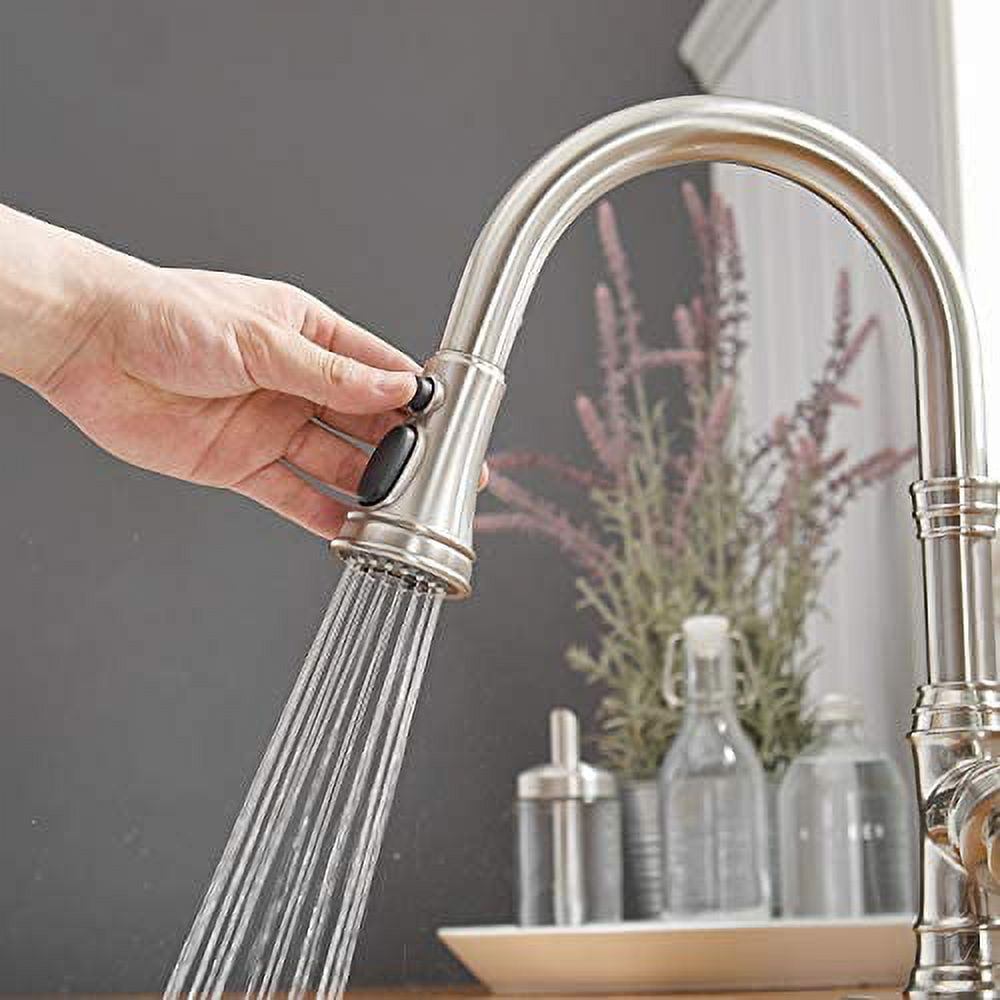BWE Kitchen Faucet with Pull Out Sprayer 3 Spray Modes Brushed Nickel Single Handle Singe Lever High Arc Kitchen Sink Faucet with Deck Plate Commercial Bar Farmhouse Pull Down Sprayer