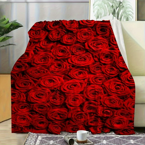 -250g Romantic Red Rose Printed Fleece Blanket Soft Comfortable Multi-Purpose Machine Washable Contemporary Style Floral Pattern Knitted Weave Digital Print Cover Material