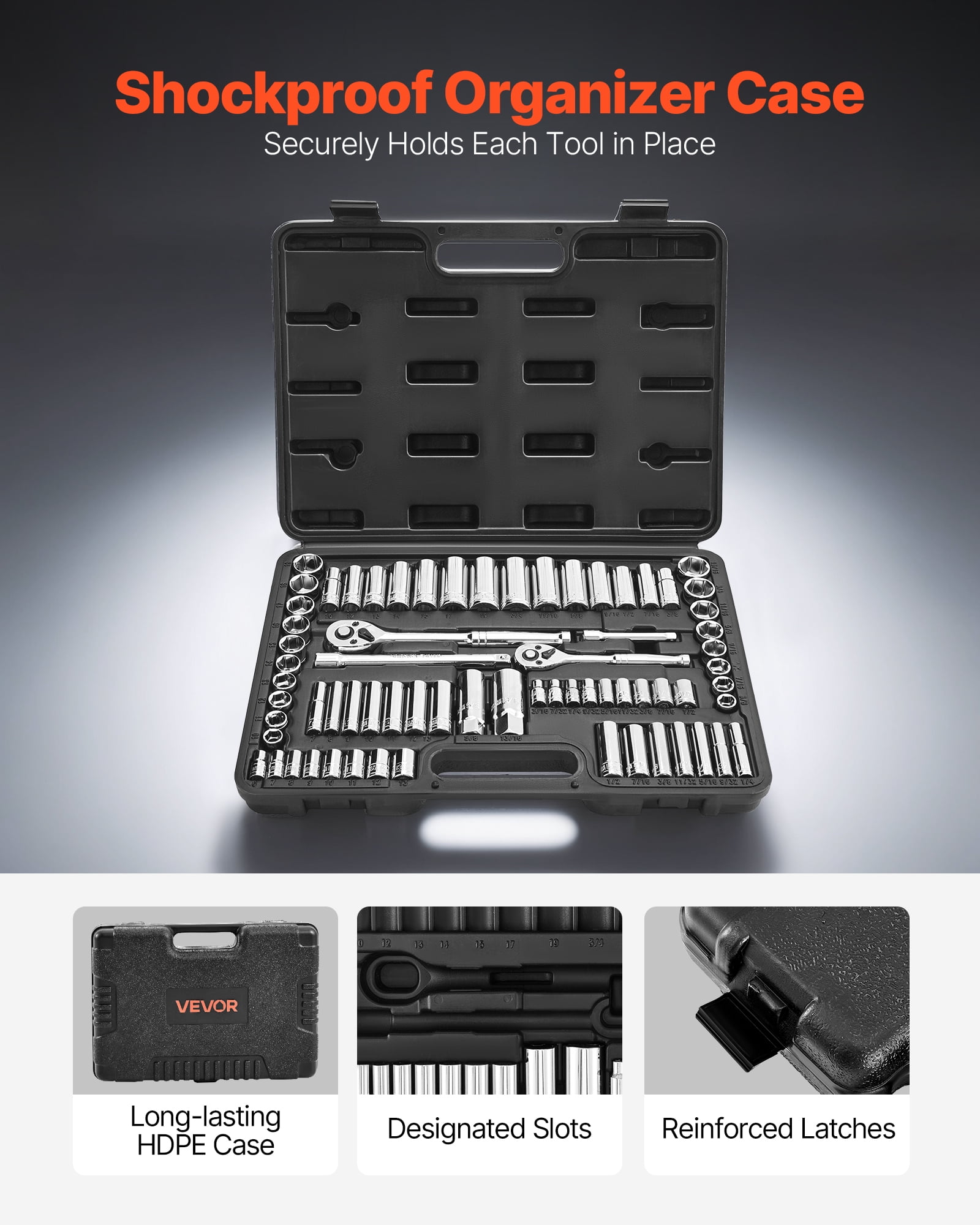 VEVOR Socket Set, 69 Pieces, 3/8 & 1/4 inch Drive Socket and Ratchet Set, SAE and Metric, Deep and Standard, Mechanic Tool Kit with Accessories and Storage Case, CR-V Alloy Steel, for Auto Repair