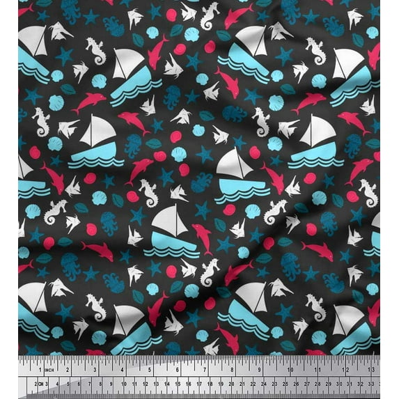 Soimoi Viscose Chiffon Fabric Yacht,Dolphin & Jellyfish Ocean Print Fabric by The Yard 42 Inch Wide