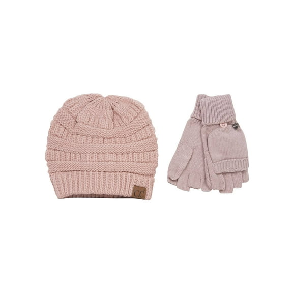 Soft Knit Beanie and Fingerless Mitten Gloves Set - Indie Pink