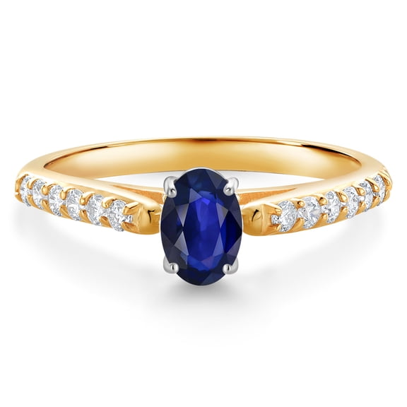 Gem Stone King 10K Yellow and White Gold Oval Blue Sapphire and White Lab Grown Diamond Engagement Ring for Women (0.73 Cttw, Gemstone September Birthstone, Size 9)