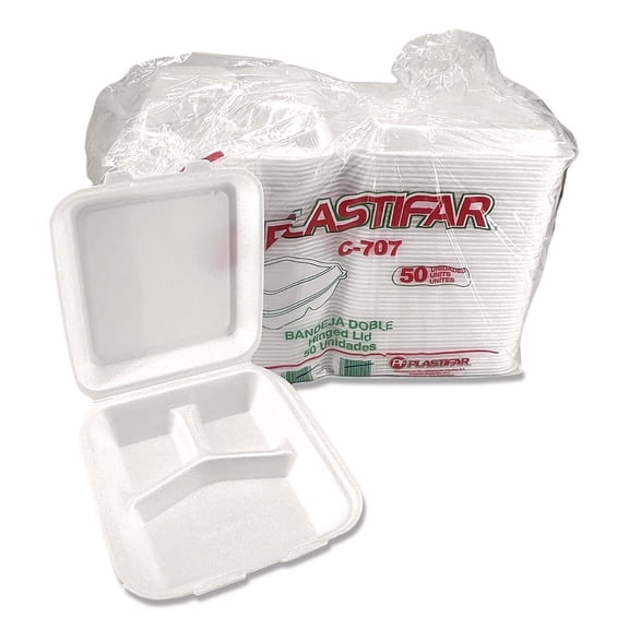 7.56 in. x 8.25 in. x 2.38 in. 3-Compartment Foam Hinged Lid Containers - White (200/Carton)