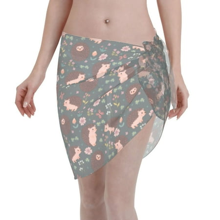 Qekee Hedgehogs and Flowers1 Women s Short Sarongs Cover Ups Sheer Bikini Wraps for Swimwear