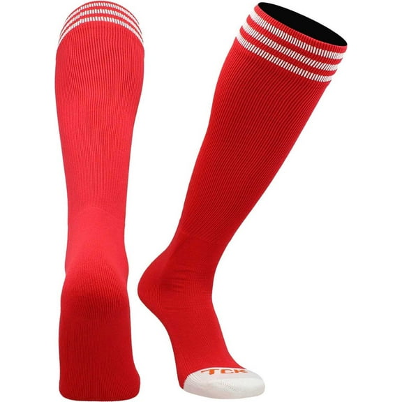 TCK Prosport Kids Soccer Socks – Long Striped Tube Socks for Boys, Girls, Football & Softball (Scarlet/White, X-Small)