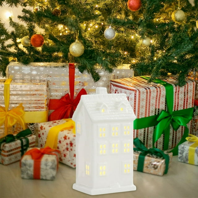 HLONK Ceramic Christmas Village Christmas Village Accessories White Winter Village LED Light Porcelain Tabletop Christmas Figurine with Artificial Christmas Tree
