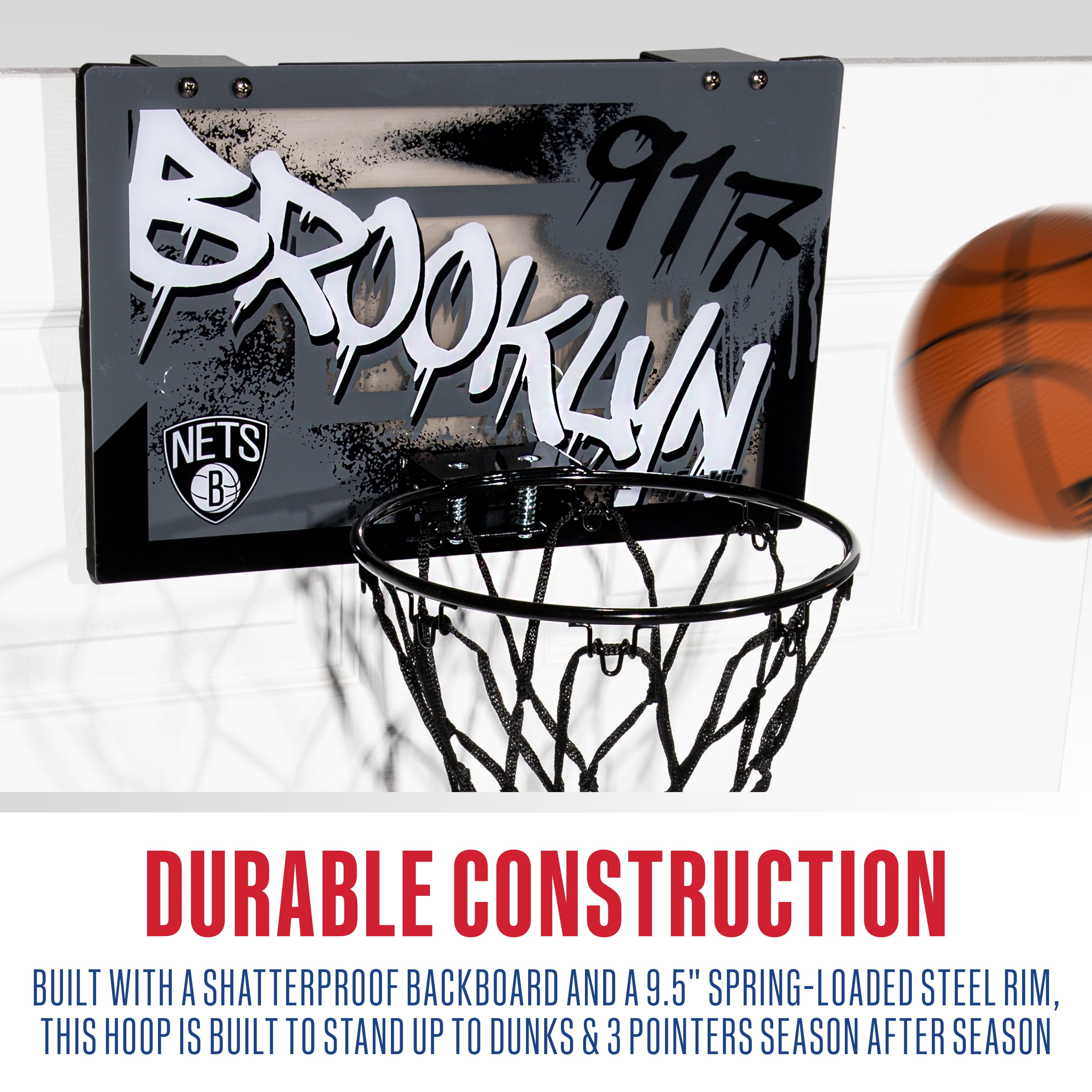 Franklin Sports NBA Brooklyn Nets Over the Door Basketball Hoop - Kids Indoor Basketball Hoop with Mini Basketball - NBA Fan Shop Mini Hoop for Bedroom + Office - Over the Door Mini Hoop Set