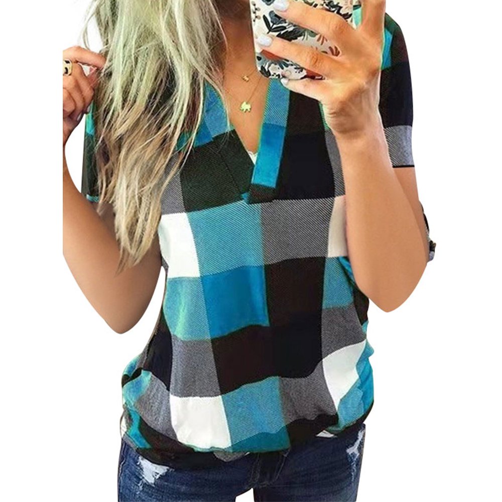 AMaVo Baggy Color Block Checked Baggy TShirt Tops For Women Short