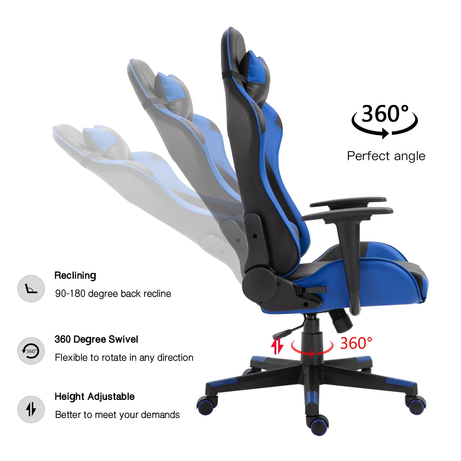Gaming Chair Office Desk Chair Ergonomic Reclining Computer Chair Height Adjustable Swivel Recliner with Headrest Lumbar Support, Black Blue