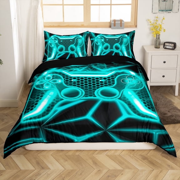 Erosebridal Teal Gamepads Comforter Cover Twin,Video Game Bedding Twin Size,Geometric Plaid Duvet Cover Twin,Microfiber Male Bedroom Decor,Reversible,2-Piece(No Comforter)