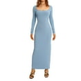 thumbnail image 4 of PENGXIANG Robe à Manches Longues pour Femmes Col Carré Robe Moulante Tricotée Unie Robe Crayon Extensible Tenue de Club, 4 of 6