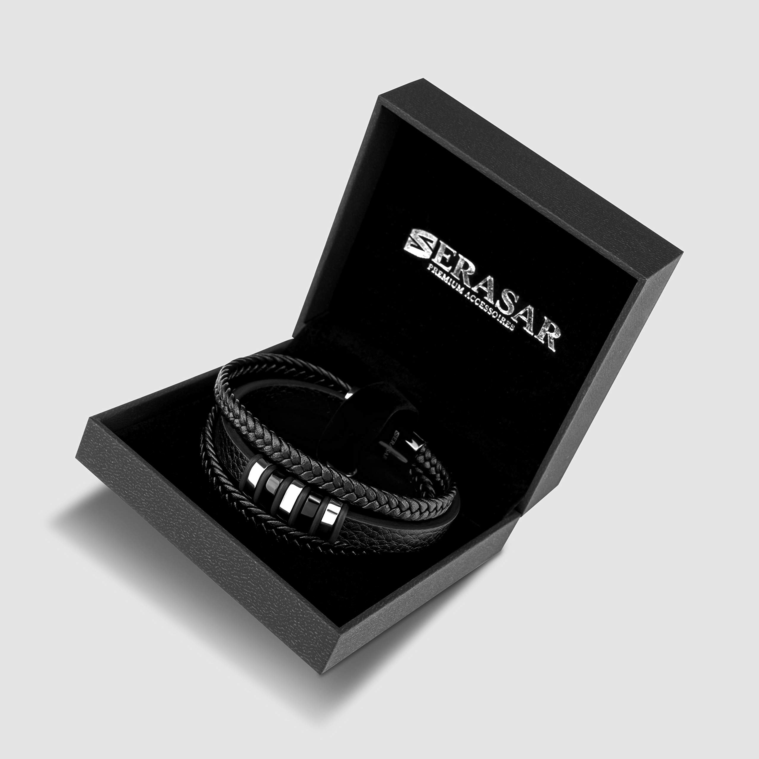SERASAR Man's Leather Bracelet "Glory" with stainless steel magnetic closure, Silver 20cm, including gift box