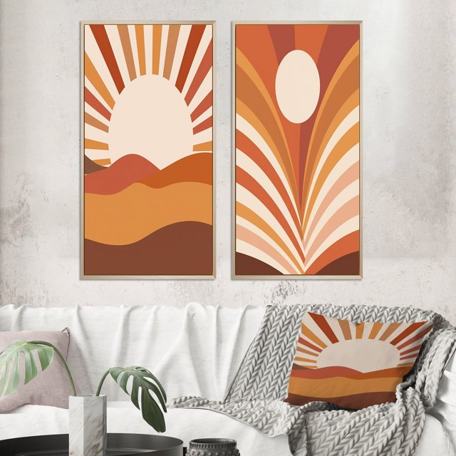 Designart "Midcentury Terracotta Sun Retro Landscape II" Modern Midcentury Framed Wall Art Set Of 2 - Mid-Century Brown Gallery Wall Frame Set For Home Decor