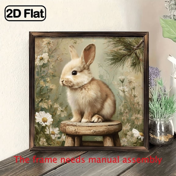 1pc Vintage Bunny Rabbit Wooden Wall Art - 8x8 Inch Rustic Farmhouse Decor with Pastel Floral Greenery Design, Wood Framed Sign for Living Room, Bedroom, Office, Cafe