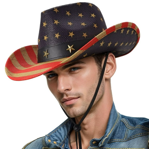 JASGOOD Men's American Flag Cowboy Hats 4th of July Patriotic Western Hat Vintage Sun Hat Memorial Day Gifts