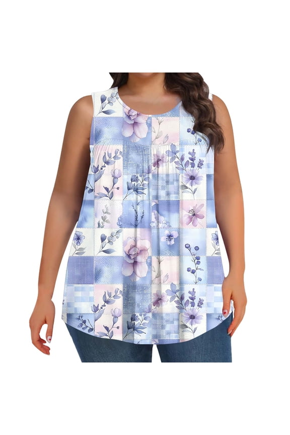 Plus Size Tank Top for Women Sleeveless Loose Fit Crewneck Tunic Tees Floral Print Casual Flowy Top