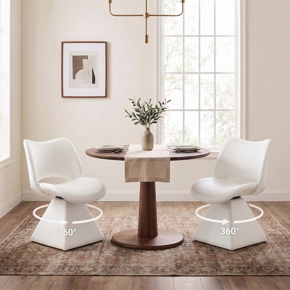 OMNIBERG 360° Swivel Dining Chair Faux Leather Set of 2, Modern Accent Chair Vanity Chair Side Chair Desk Chair with Stable Conical Base for Dining Room Living Room Desk, White