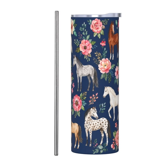 20oz Horse Floral Tumbler Insulated Car Cup Travel Coffee Cup Equestrian Gift for Women with Stainless Steel Straw