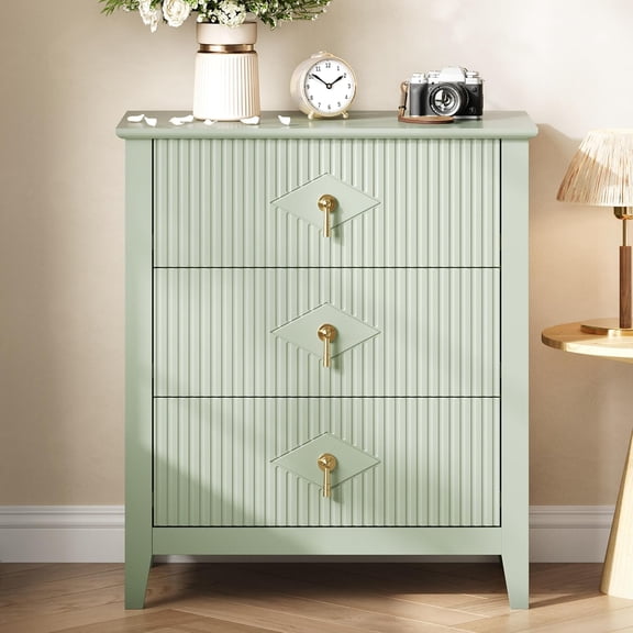 Wood Nightstand Fluted Dresser for Bedroom, 27.5" Wide 3-Drawer Bedside Tables, Modern Chest of Drawers, Storage End Table Living Room, Hallway, Entryway, Green