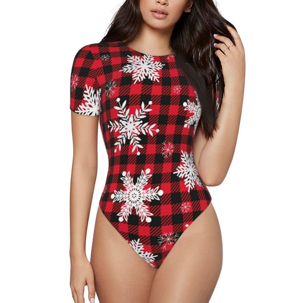 Balery Snowflakes On A Buffalo Plaid Body de cuello redondo de manga corta para mujer Tops de manga corta Tops básicos-Small