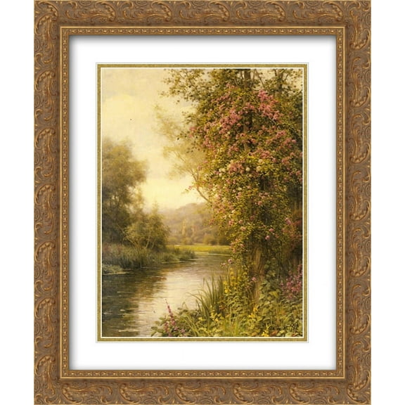 Louis Aston Knight 2x Matted 20x24 Gold Ornate Framed Art Print 'A Flowering Vine along a Winding Stream with a Country Church Beyond'