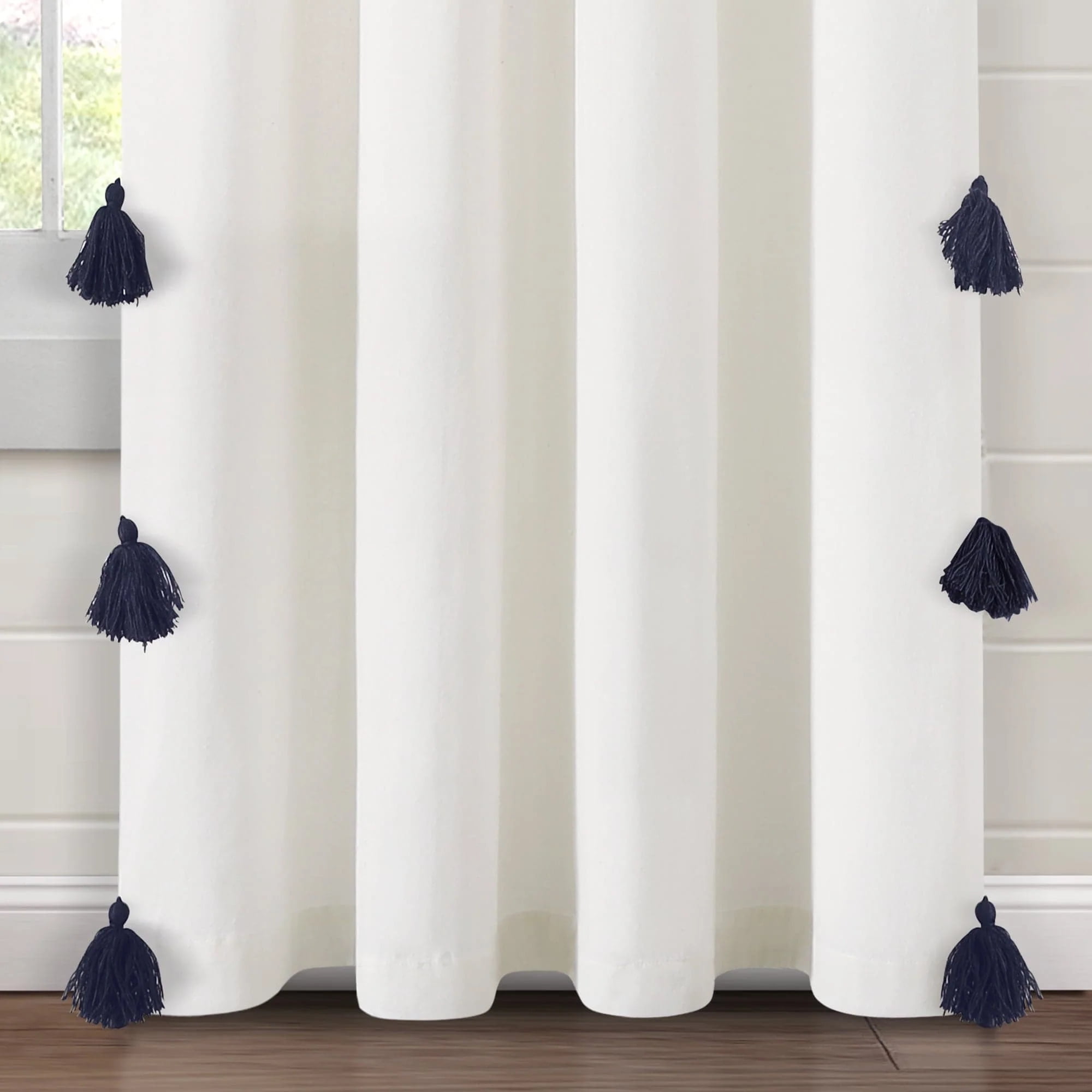 Lush Decor Boho Faux Linen Texture Tassel Single Window Curtain Panel - White/Gray - 84 x 52