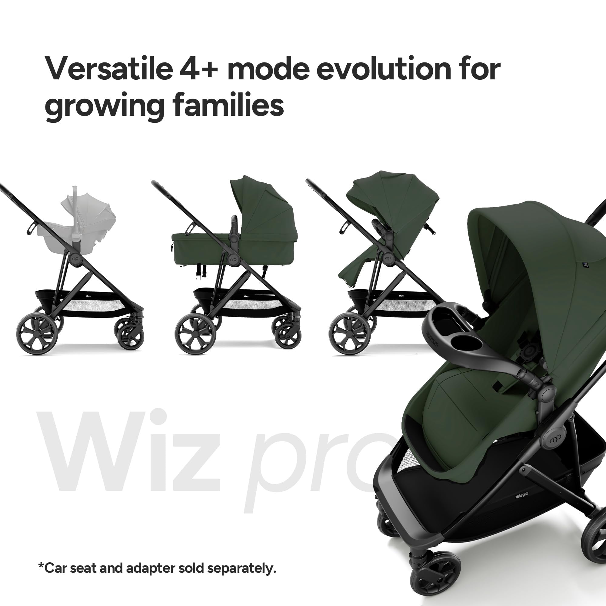 Mompush Wiz Pro 2-in-1 Baby Stroller with Bassinet Mode, Full-Size All-Terrain Premium Stroller from Newborn to Toddler, Forest, 23.8LB, Unisex