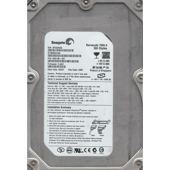 ST3500641AS, 3PG, AMK, PN 9BD148-301, FW 3.AAD, Seagate 500GB SATA 3.5 Hard Drive