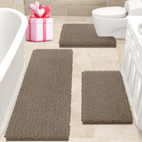 HAKUNA Upgrade Extra Large Dark Beige Bathroom Rug Set 3 Pieces Gray Ultra Soft, Thick Absorbent Bath Mats, Non Slip Chenille Toilet Mat Bathroom, Bedroom, Kitchen, Taupe