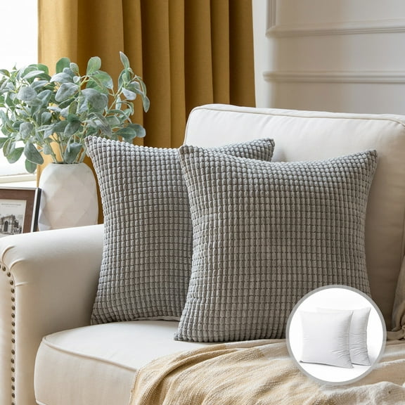 Phantoscope Soft Corduroy Corn Striped Velvet Series Decorative Throw Pillow, 18" x 18", Gray, 2 Pack