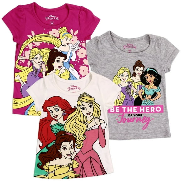 Disney Princess T-Shirts Girls Toddler 3-Pack Tops Cinderella Rapunzel Belle Jasmine Size 3T