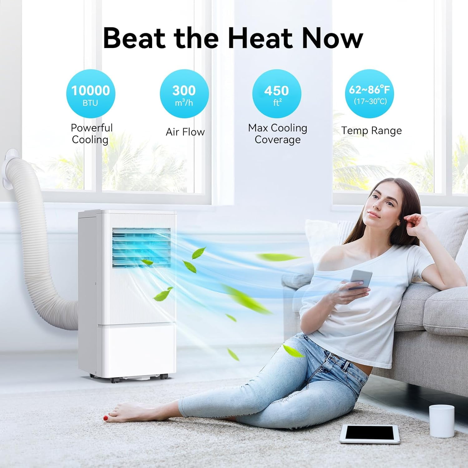 Air Choice 10000 BTU Portable Air Conditioner for Room Up to 450 Sq.Ft, Remote Control, 24H Timer, Air Cooling Unit 3-in-1 as Cooler Dehumidifier Fan, Window Kit Included