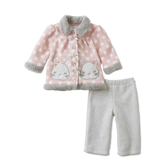 Infant Girls Baby Bunny Rabbit Outfit Pink Fleece Polka Shirt & Pants Set 0-3m