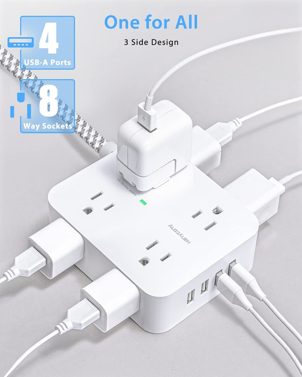 Surge Protector Power Strip - 8 Widely Outlets with 4 USB Charging Ports, 3 Side Outlet Extender with 5Ft Braided