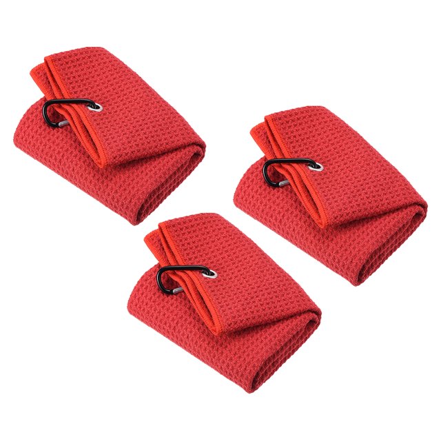 Unique Bargains 16'x16' Golf Towels Tri Fold Waffle Pattern Towels Soft Fiber with D Clip Red 3 Pack