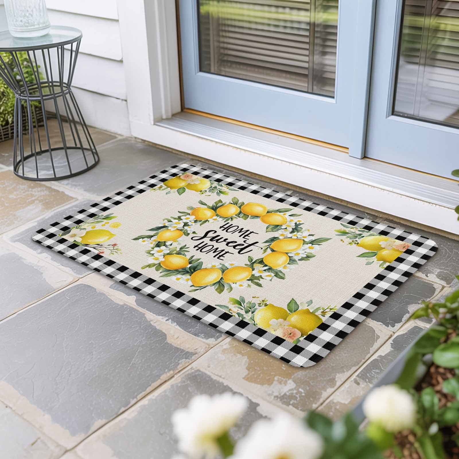 Summer Lemon Doormat Outdoor Entrance 20"x31.5", Farmhouse Black Check Plaid Vintage Absorb Moisture Dirt Door Mats, Non-Slip Rubber Backing Floor Mats Indoor, Low-Profile Front Door Rugs