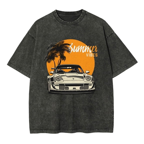 Beach T-shirt Vintage Washed Cotton Printed Casual Short-sleeved Unisex Oversized Summer T-shirt