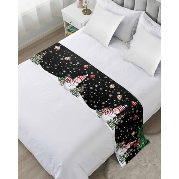 Xipuska Christmas Black Bed Runners for Queen Size Bed, Decorative Bed Throws for Foot of Bed, Winter Snowman Xmas Pine Branch Cardinal Bird Bed Runner Sofa Throw Bedding Scarf Slipcover for Bedroom