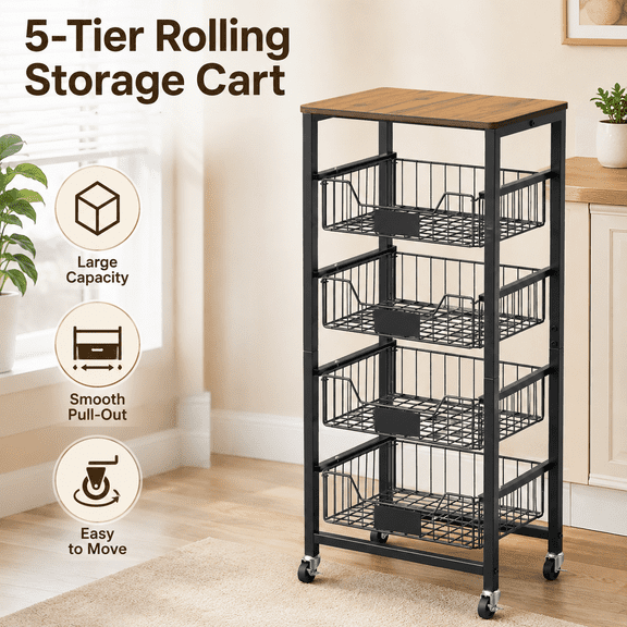 Rolling Storage Cart with Slide-Out Baskets, Wood Shelf Top & Locking Wheels, Versatile Organizer for Kitchen Office Laundry Room
