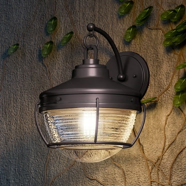 Luxury Nautical Outdoor Wall Sconce, 14''H x 11''W, with Coastal Style Elements, Industrial Design, Oil Rubbed Bronze Finish and Ribbed Clear Glass, UEX1052