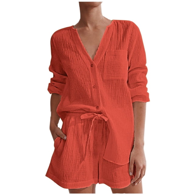 ameIAEA Matching Lounge Sets for Women Long Sleeve Button Down Shirt Drawstring Shorts Set with Pockets
