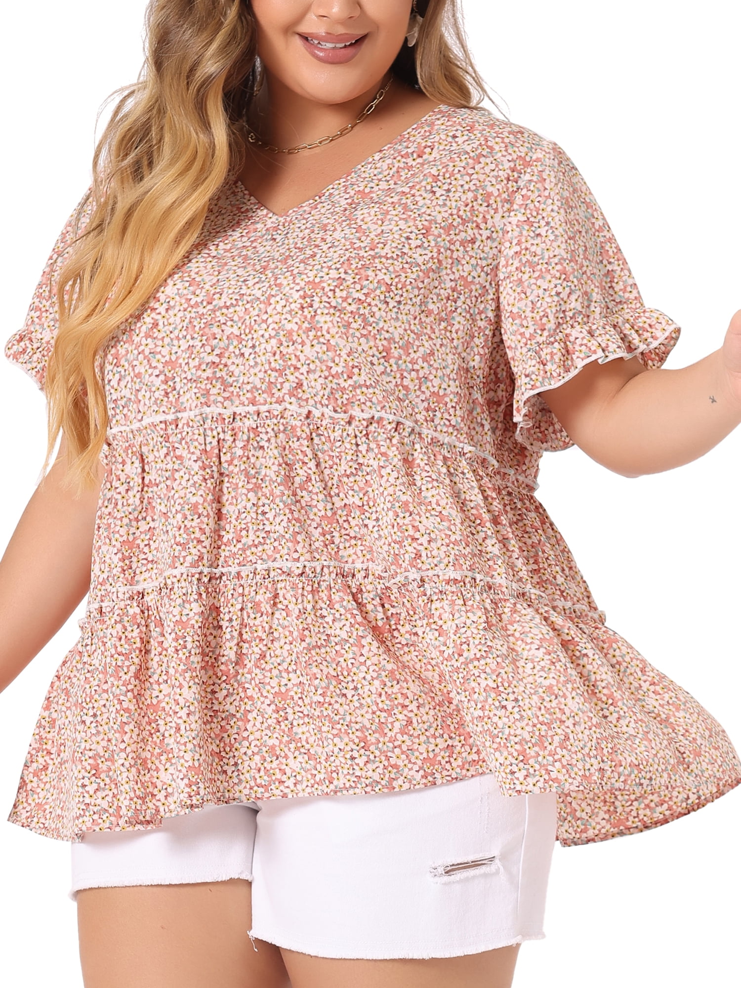 DARING DIVA Women's Plus Size V Neck Short Sleeve Floral Babydoll Blouse 2X Pink