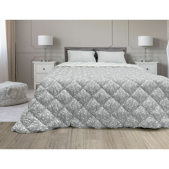 Grey Down Alternative Comforter, Floral Ornaments Blooming Flowers in Squares Royal Abstract Themed Pattern Art Image, Microfiber Quilt for All Season, 5 Sizes, White Grey, by Ambesonne