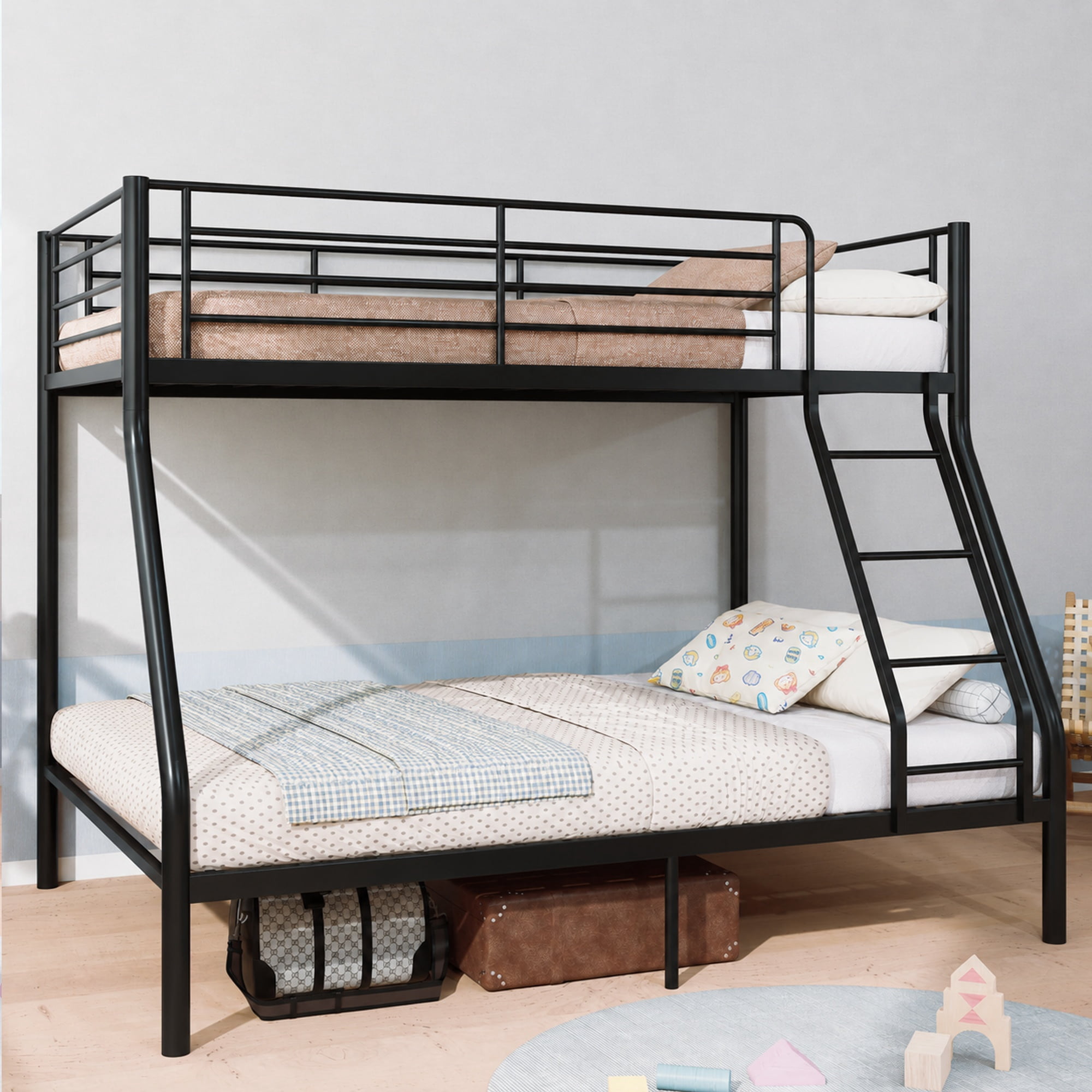 Alvantor Twin over Full Metal Bunk Bed with 990 lb Bottom Capacity, Guardrails, Black