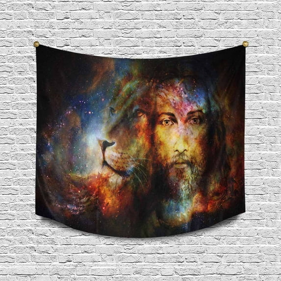 Blessed Jesus with A Lion in Cosimc Space Cotton Linen Wall Hanging Tapestry, Home Decor Collection Bedroom Living Room Dorm, 80 W X 60 L Inches