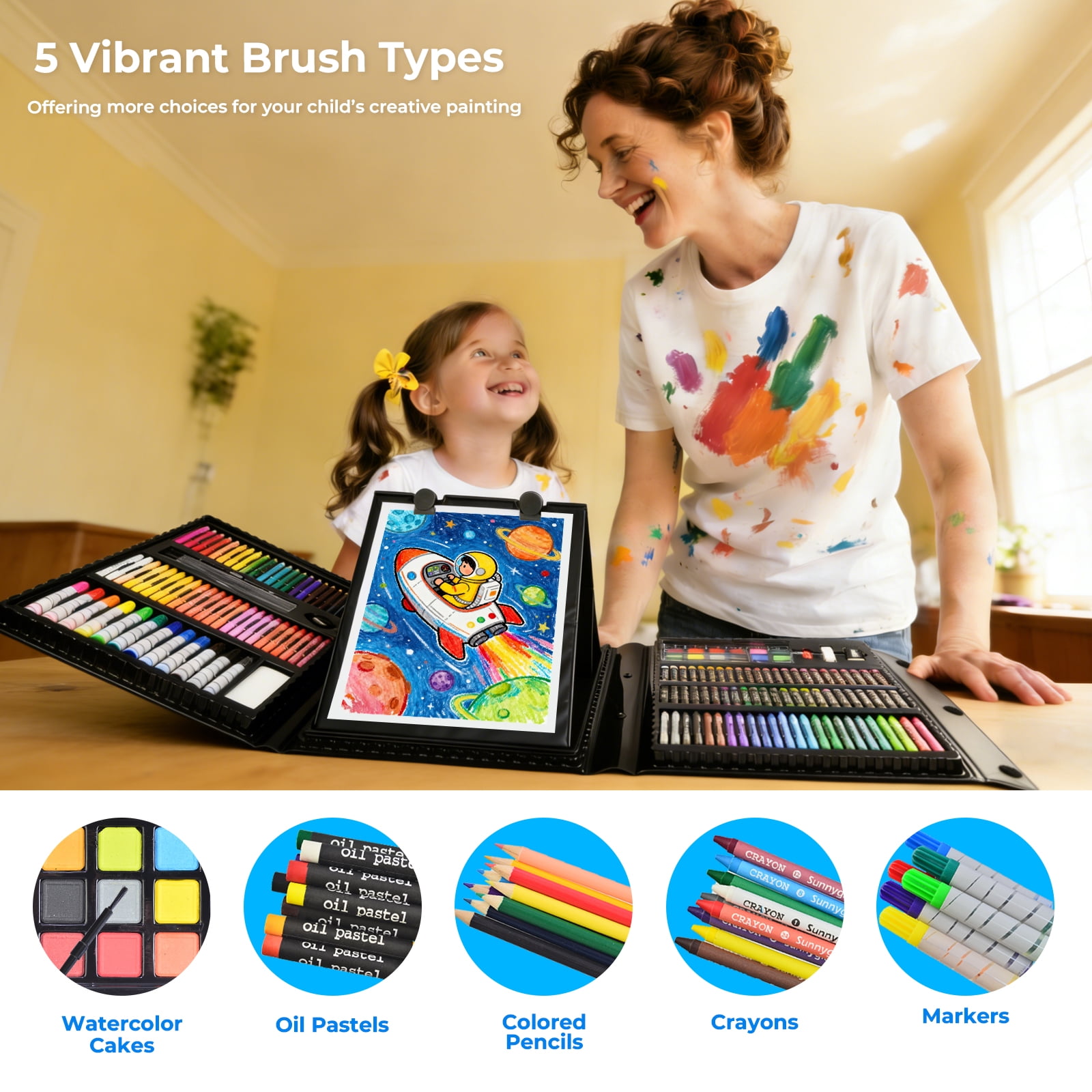 Bibana 185 Pieces Drawing Art Set，Double Sided Trifold Easel Art Box with Oil Pastels, Crayons, Colored Pencils, Markers, Paint Brush, Watercolor Cakes, Sketch Pad (Black Art Supplies)
