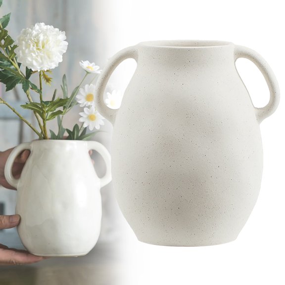 EZPXFCI 7 Inch White Ceramic Vase with Double Handles, Retro Farmhouse Glazed Clay Vases for Flowers, Decorative White Flower Vase for Bouquet, Home Décor, Table, Shelf, Kitchen, Living Room