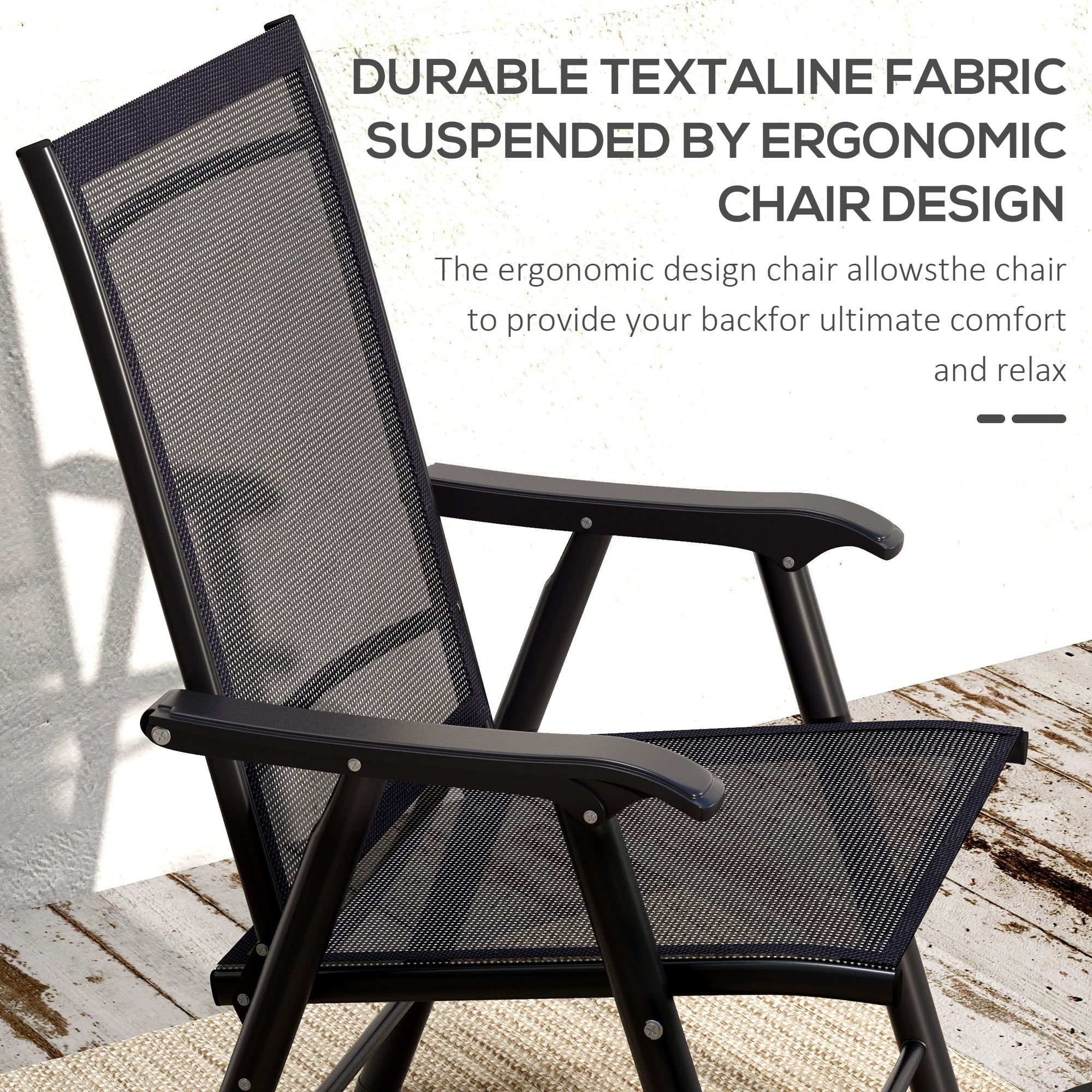 Set of 4 Patio Folding Chairs, Stackable Outdoor Sling Patio Dining Chairs with Armrests for Lawn, Camping, Dining, Beach, Metal Frame, No Assembly, Black